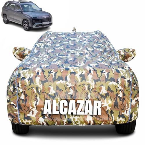Image of 100% Waterproof Car Body Cover for Hyundai Alcazar with Mirror Pocket (Heat & UV Resistant, Triple Stitched, Soft Lining, Bottom Elastic & Piping) Camouflage, Military Print