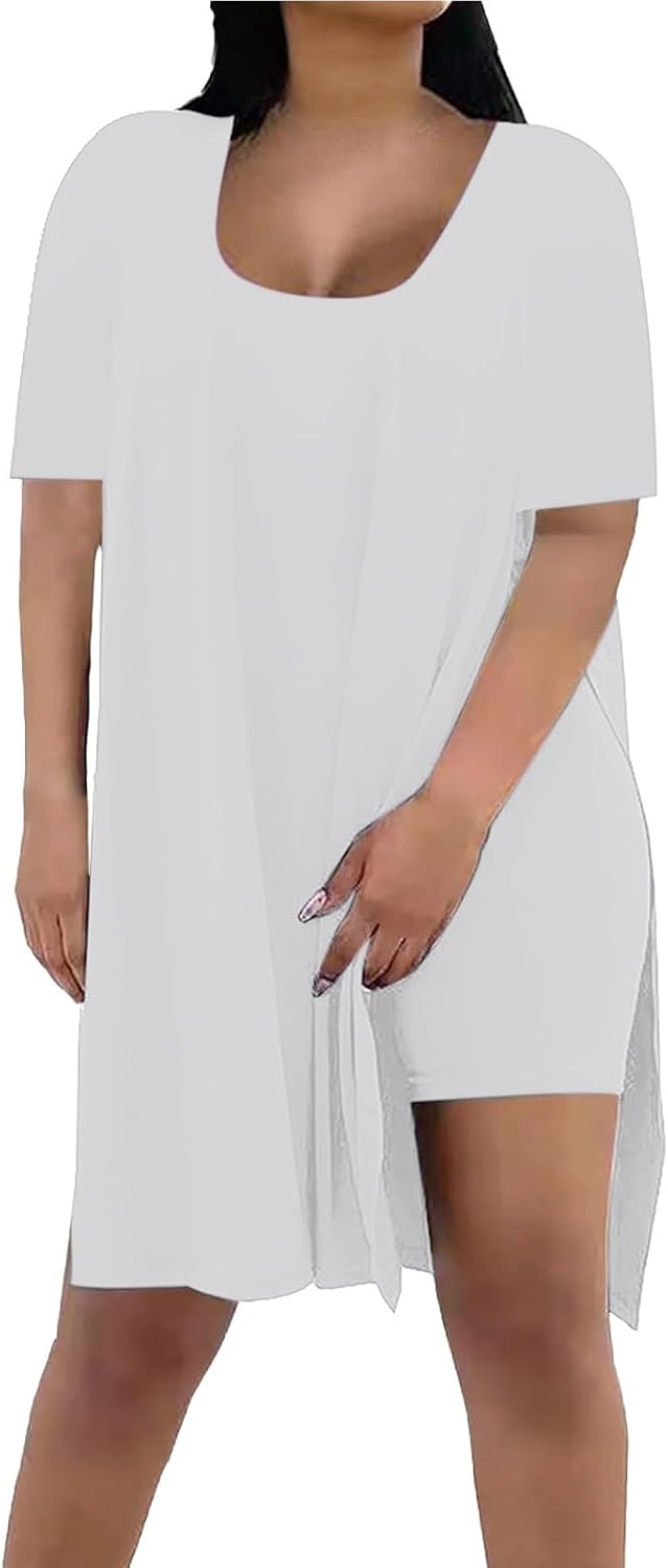 Womens Plus Size 2 Piece Outfits Short Sleeve Tunic Tops and Skinny Biker Shorts Sets Summer Loose Fit Tracksuits