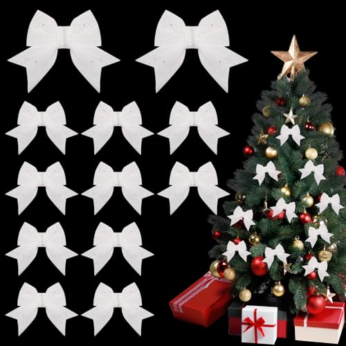 12 Stück Weihnachtsbaum Deko Weiß, Weihnachtsdeko Weiß, Schleifen...