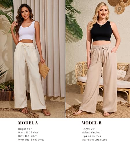 Image of KICZOY Women Flowy Pants Drawstring Waist Wide Leg Palazzo Beach Pants Loose Fit with Pockets
