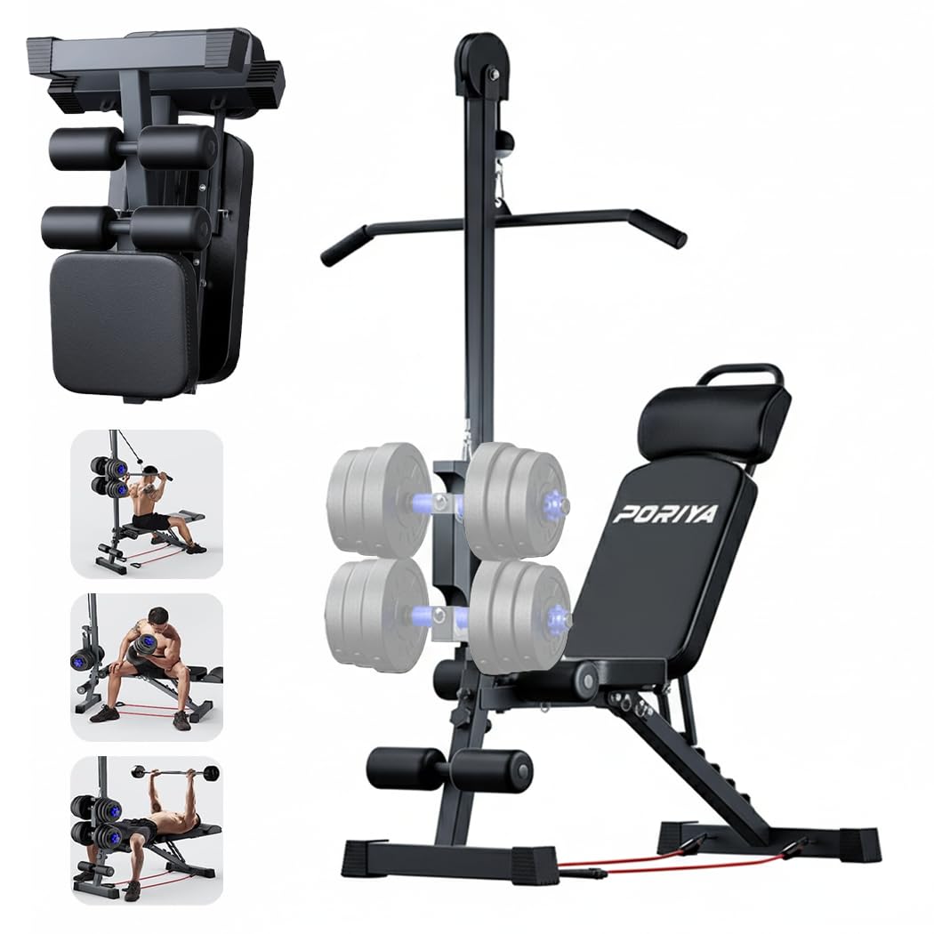 PORIYA 9 In1 Foldable Adjustable Weight Bench with Upgraded High Pull-Down Bar Fitness Bench Adjustable Bench Gym 250KG Weight Capacity