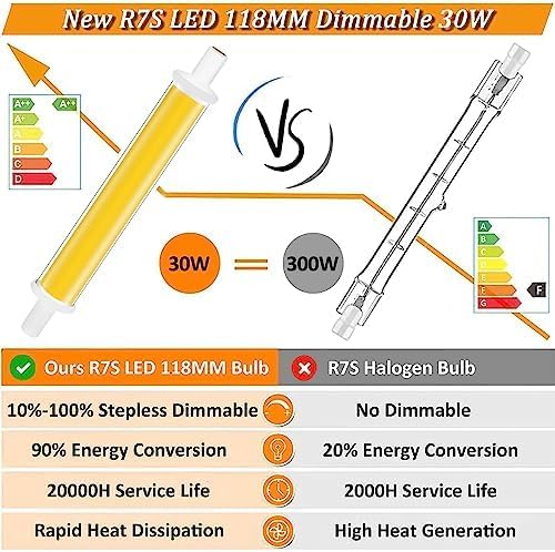 Żarówka Led R7S 118 MM Z Możliwością Ściemniania, 30 W R7S COB LED Reflektor Zamiennik Dla Żarówki Halogenowej 300 W, R7S 118 MM Dwustronna Podstawa Liniowa Żarówka, Bez Migotania,Ciepły Biały,118