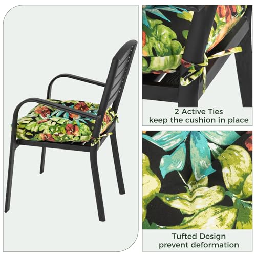 In4 Care Indoor/Outdoor Tufted Seat Cushions With Ties Set Of 2, 19 Inchx19 Inch Chair Cushions For Dining Chairs, Waterproof Overstuffed Chair Pads For Garden Patio Kitchen Home-Tropical Green Leaves thumb #2