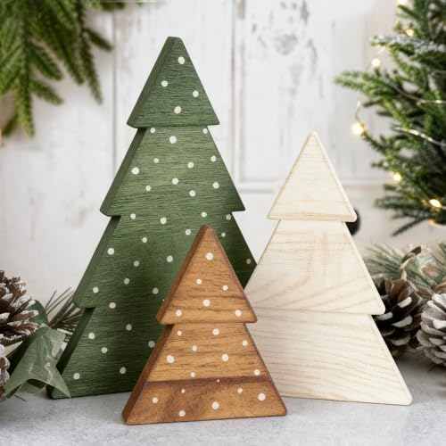 DAZONGE Christmas Decor, Set of 3 Wooden Tabletop Christmas Tree ...