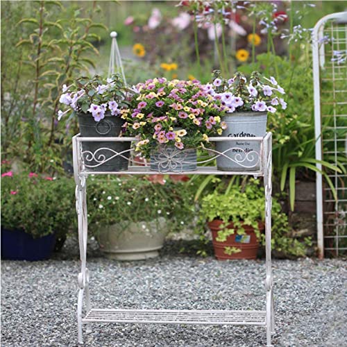 VejiA Mesa en Maceta de Hierro Fundido Resistente, 28 Pulgadas, Soportes de Metal de 2 Niveles, Estilo Decorativo y Vintage, para Interiores y Exteriores (Blanco)