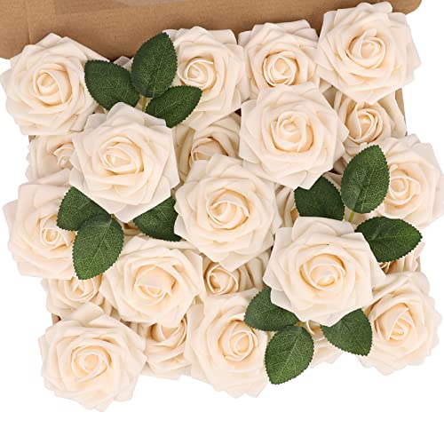N&T Nieting Roses Artificial Flowers, 25Pcs Fake Flowers Foam Roses For Diy Wedding Bridal Bouquet Baby Shower Party Cake Wall Decoration, Cream #TOP8