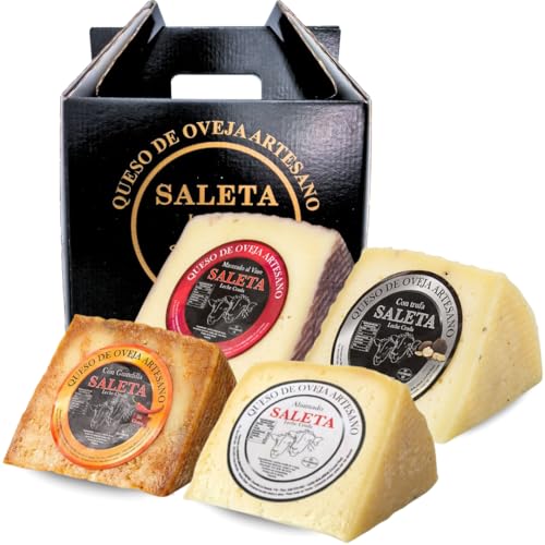 SALETA® Cesta Quesos Gourmet Regalo | Queso Oveja de La Mancha | 4 Cuñas Queso al Vino, con Trufa, Guindilla y Ahumado Tipo Manchego | Surtido de quesos para regalar 'Pack Selección 1Kg'