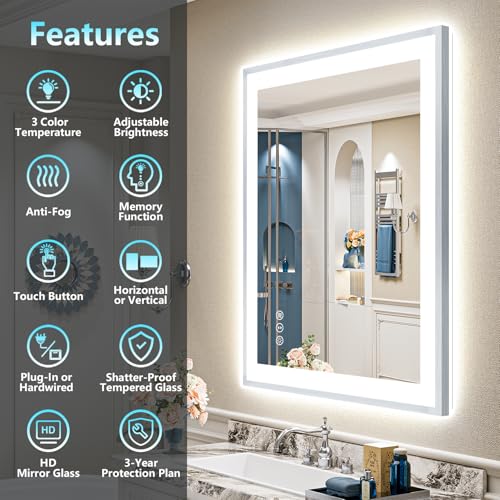 Image of 24x32 Brushed Nickel LED Bathroom Mirror with Lights, Backlit & Front-Lit, Anti-Fog, Framed Lighted Vanity Mirrors for Bathroom Wall, Dimmable, 3 Colors, Memory, Shatter-Proof, Tempered Glass