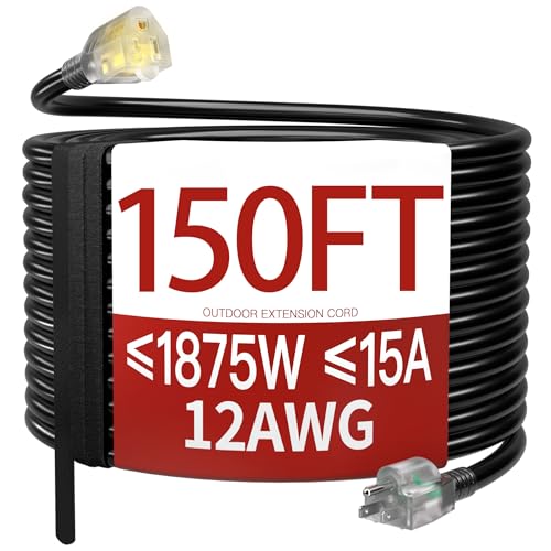 Image of 150 FT 12 Gauge Extension Cord Outdoor, Heavy Duty Weatherproof & Flame Retardant Black 3 Prong Power Cord with Light, Outside for Lawn & Garden, 15 Amps 1875 Watts 125 VAC 12AWG SJTW, ETL Listed