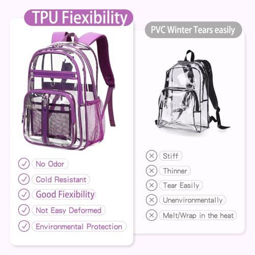 Image of Cusangel Large Clear backpack for Girls,16in See Through Heavy Duty Bookbag | Big Capacity Transparent bulk Plastic Bag For Stadiums,School,Warehouses,Concert venues Airport security checkpoints(Purple)