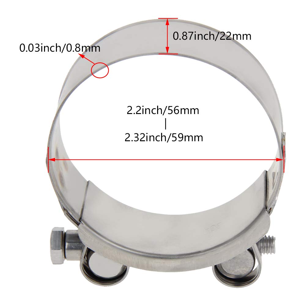 Juvielich T-Bolt Hose Clamp,Clamp Range 56-59mm,for Fuel Pump Filter Hose Plumbing Silver 2pcs