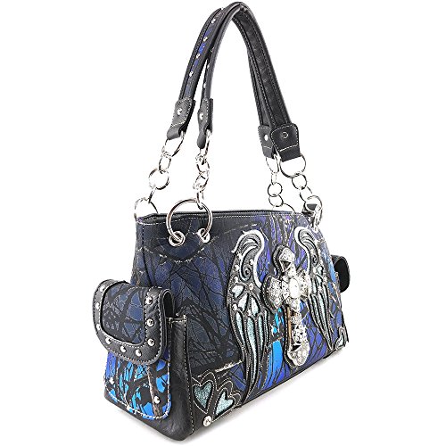 Justin West Camouflage Tree Branches Bling Rhinestone Cross Wings Handbag Purse Messenger Bags and Wallets (Blue Cross Handbag and Wallet)2