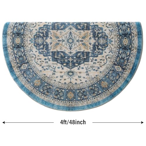 Image of Carvapet 4ft Round Rug Dark Blue Vintage Washable Low Pile Circle Rugs