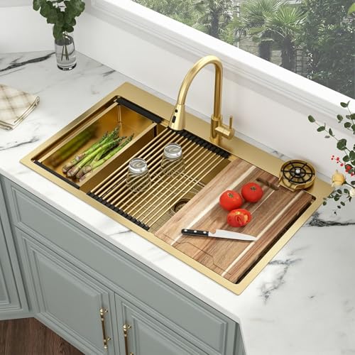 Image of Kichae 36 Inch Gold Drop in Kitchen Sink - 36x22 Gold Brushed Stainless Steel 16 Gauge Ledge Workstation Single Bowl Topmount Overmount Handmade Basin with Faucet & Glass Rinser