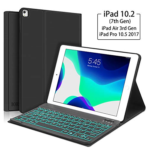 Funda con Teclado para iPad 10.2 2019, iPad Air 10.5 2019, iPad Pro 10.5 2017 -Boriyuan Slim Folio Cover,Auto Wake/Sleep, con Teclado retroiluminado de 7 Colores, Negro