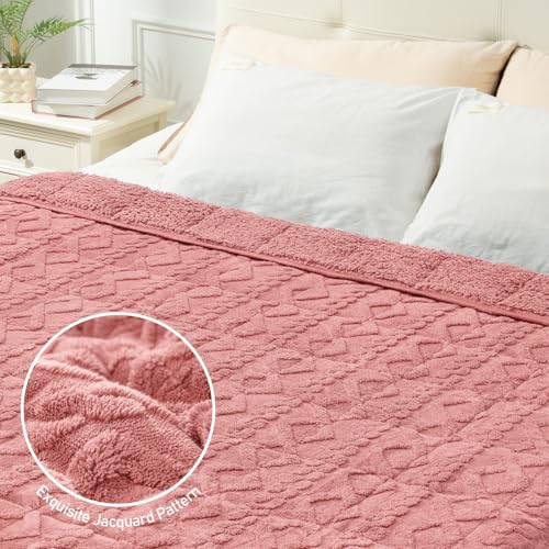 Image of Wemore Weighted Blanket for Adults Twin Size 15 lbs, Dual Sided Soft Fuzzy Jacquard Sherpa Weighted Blankets, Cozy Fluffy Knitted Heavy Blanket, Apricot Pink, 60 x 80 inches