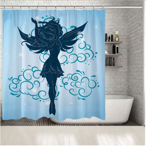 daimin Fairy Girl with Wings Flying Dancing on Clouds Silhouette Imagination Blue and Black Artwork Print Shower Curtain 180x200cm Cover