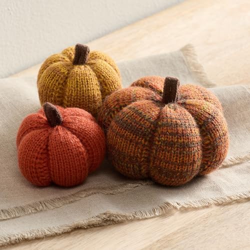 Image of Set of 3 Cozy Mini Knit Pumpkins, Green Gold (Spiced Maple Multi-Size Set) | Fall Table Top Decor, Soft Autumn Home Accents, Thanksgiving Table Setting