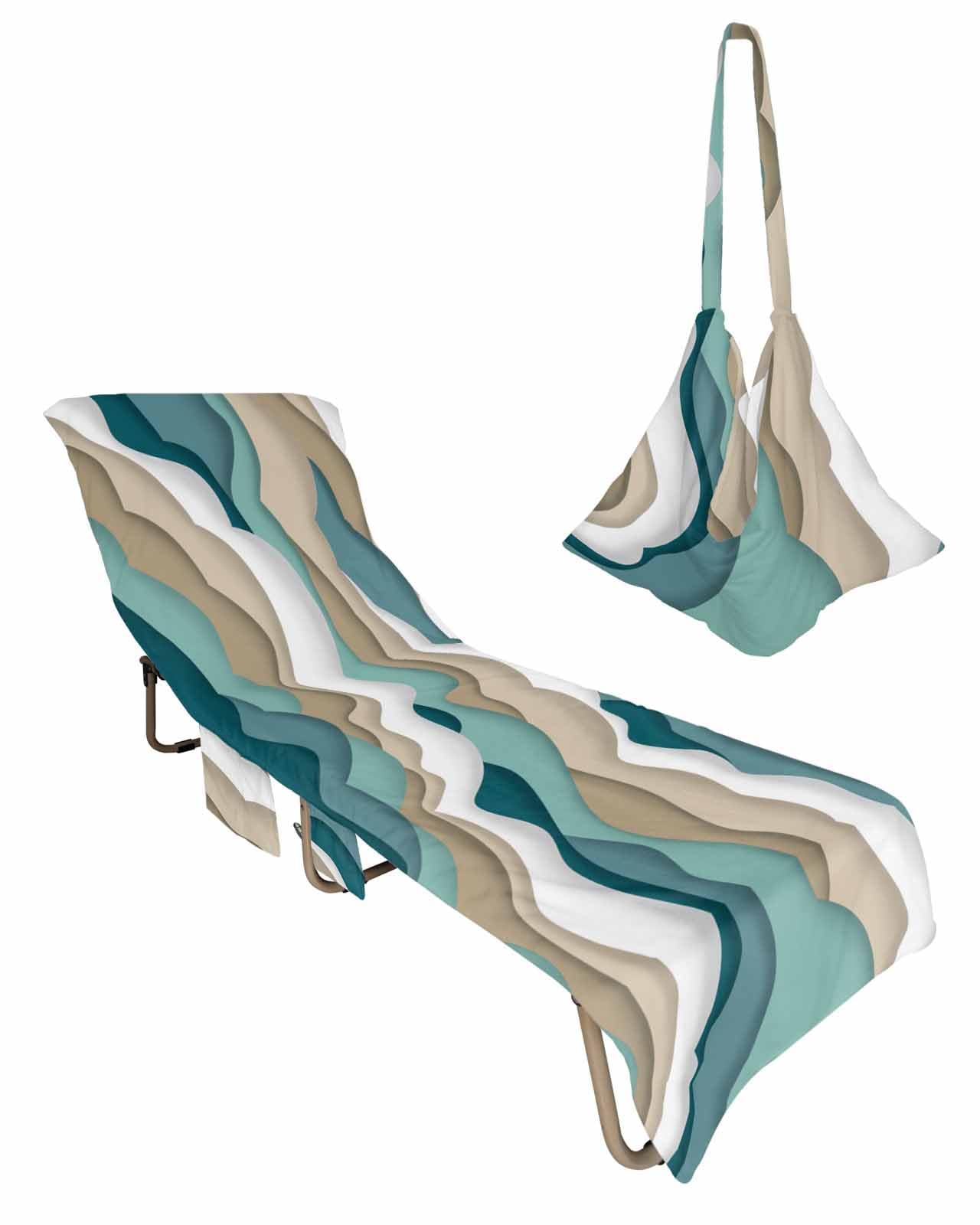 Ombre Geometric Beach Chair Towel Covers for Chaise Lounge with Side Pocket, Soft Plush Pool Towels Cover for Patio Sunbathing Outdoor Turquoise Brown White Nautical Sea Waves 29''x85''