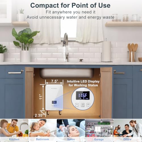 Tankless Electric Hot Water Heater, ECOTOUCH 6.5kW 240V Instant Point of Use Water Heater on Demand Under Sink Water Heater with Self Modulating Technology ECO65W White