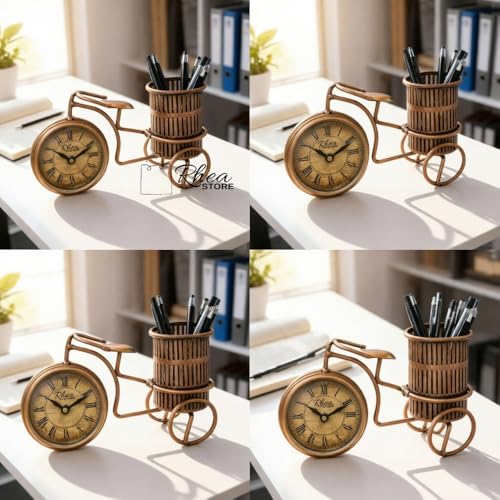 Image of Golden Cycle Pen Stand with Clock for Table Decoratoin, Elegant Desk Organizer, Bicycle Design, Handcrafted Metal Pen Holder with a Luxurious Gold Finish