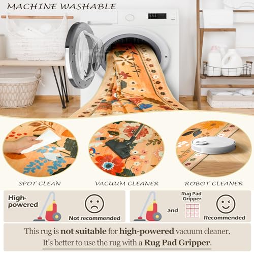 Floral 4ft Area Rug Machine Washable Soft Print Boho Carpet Non Slip Doormat Low Pile Flower Area Rugs for Living Room Bedroom Nursery Kitchen Dining Room Indoor-Yellow/Orange