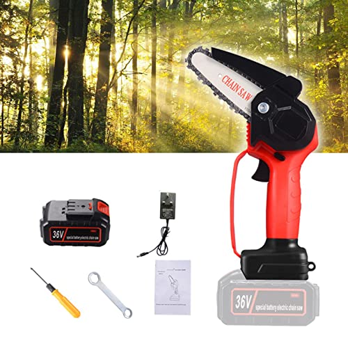 GZPFDQ 36V Cordless Mini Chainsaw Battery Powered Kit,Mini Chainsaw 4-Inch withSecurity Lock,with Battery and Charger,Handheld Chainsaw for Tree Trimming Wood Cutting (Color : Red, Size : UK plug)
