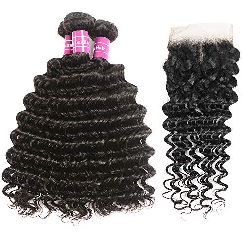 10A Brazilian Human Hair Deep Wave 3 Bundles with Closure for Black Women