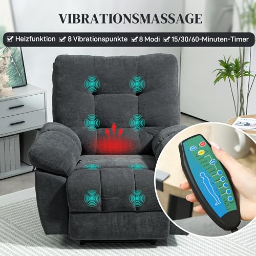 HOMCOM Relaxsessel Fernsehsessel mit Liegefunktion Massagesessel mit Vibration, Heizung, 8 Modi, TV Sessel mit Wandnahen Design, Fußteil, Seitentasche für Wohnzimmer, Dunkelgrau – Bild 5