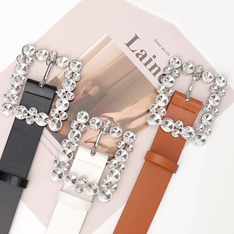 Women's Leather Belt with Big Rhinestone Square Buckle for Jeans, Dresses, Pants3
