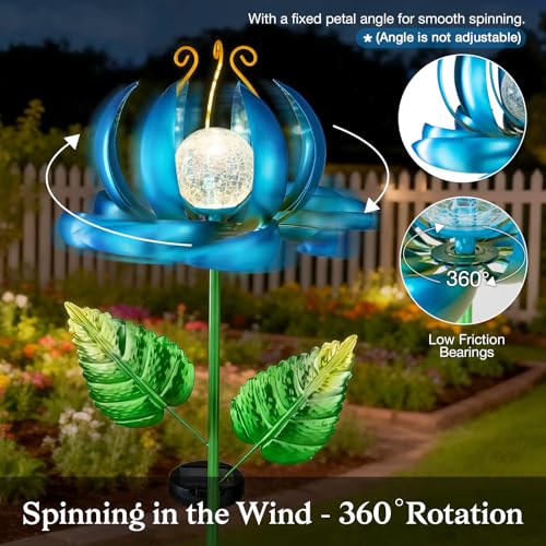 Image of Solar Yard Lights Wind Spinners- Metal Lotus Flower Garden Decor LED Crackle Glass Globe Yard Art Sculpture Solar Stake Lights for Patio Pathway Lawn Walkway (Blue-Large)
