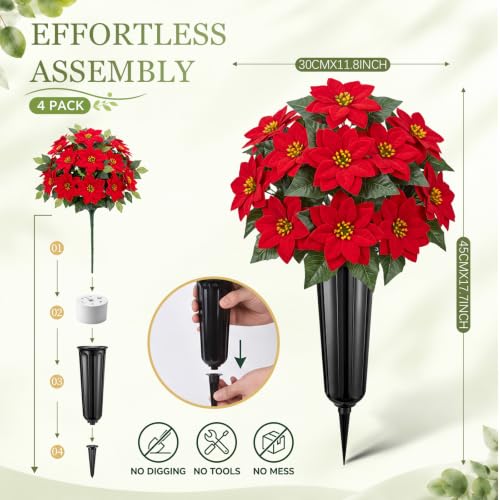 Image of 4 Set Christmas Poinsettia Artificial Cemetery Flower with Vase