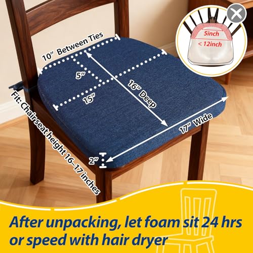 Image of AAAAAcessories D-Shaped Chair Cushions, 2 inch Thick Dining Chair Pads with Ties and Removable, Machine-Washable Cover, 17 inch x 16 inch, Set of 8, Blue