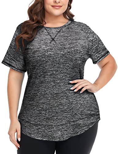 Opiniones de Ropa de Atletismo los más recomendados. 42 COOTRY - Camisetas de entrenamiento de talla grande para mujer, manga corta, ajuste holgado, ropa atlética, gimnasio, yoga, Gris-oscuro, 4XG