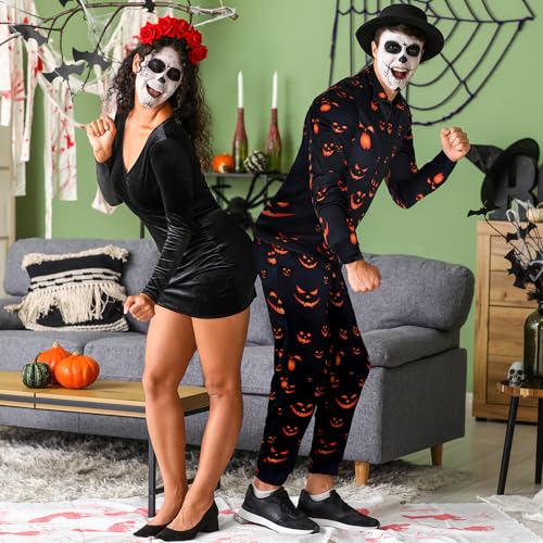 Image of Arssm Men Halloween Outfits Sets Pumpkin Tracksuit Jacket and Jogger Sweatpants Cosplay Party Daily Wearing(BlackPumpkin-M)
