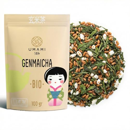 Umami Té Verde Genmaicha Orgánico Cultivado en Japón, 100gr - Hojas de Té con Arroz Tostado -
