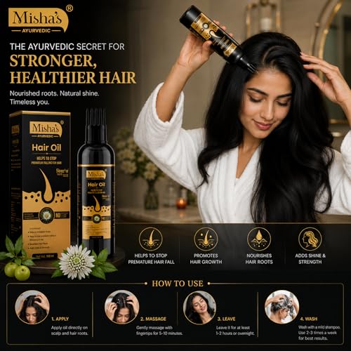Image of Misha Ayurvedic Hair Oil for Hair Growth & Hair Fall Control with Bhringraj, Amla and Shikakai | Natural Herbal Hair Oil | For Men & Women | 100ml (Pack of 2)