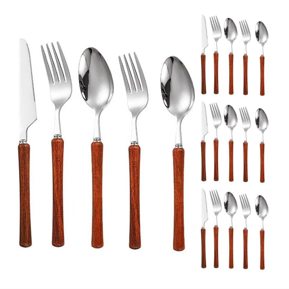 Manico in Pero Cucina Acciaio Inossidabile Posate Stoviglie Posate Coltelli Forchette Cucchiai Set Coltello Da Bistecca Cucchiaio Da Dessert (Palissandro,20 pezzi)
