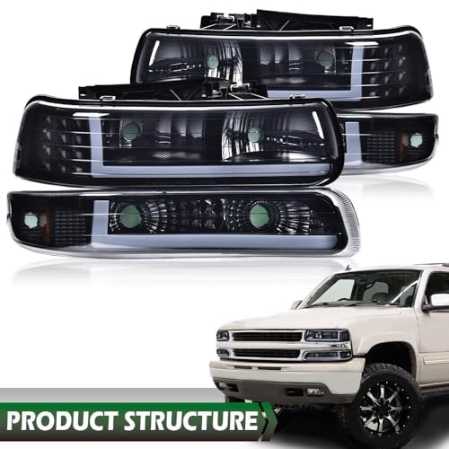Image of GRAND ORANGE Headlight Assembly Compatible with Chevy Silverado 1500 2500 1999-2002, Fit Suburban 1500 2500 Tahoe 2000-2006 GM2502187, GM2503187, 16526134, 16526133 Smoky lens Black Housing