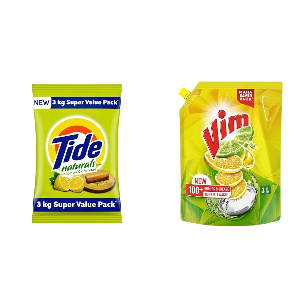 Tide Naturals 3Kg Detergent Powder - Lemon And Chandan & Vim Dishwash Liquid 3 L pouch | Removes 100+ Odours & Grease in 1 wash | With the power of 100 Lemons-picture-27