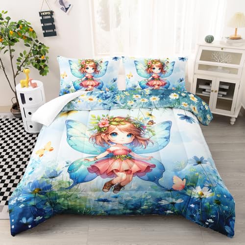 Image of AILONEN Beautiful Fairy Comforter Set Twin Size, Butterfly Fairy with Daisy Bedding Set for Kids,Girls,Watercolor Blue Duvet Set,3-Pieces, 1 Quilt and 2 Pillowcases,All Season,Soft