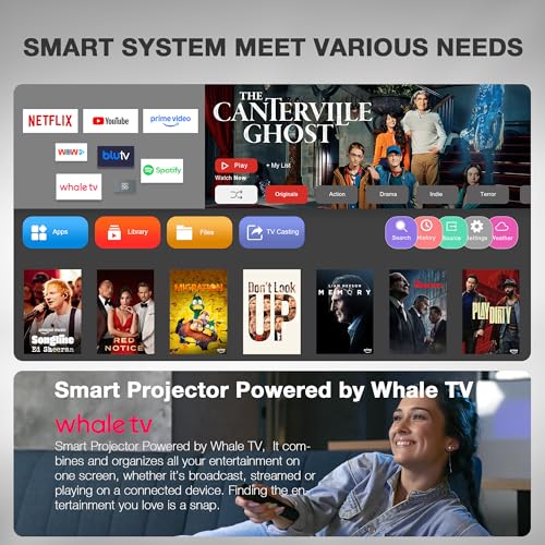 Image of [Officially-Licensed App & Auto Focus] Black Smart Mini Projector with WiFi and Bluetooth, XuanPad 4K Support Movie Projector, Portable Native 1080P Outdoor Projector with 360 Stand