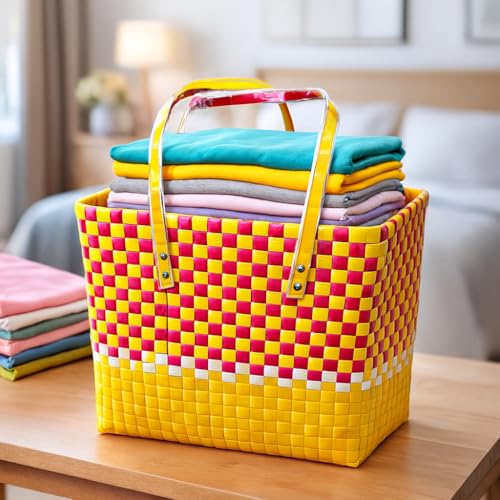 Image of Hand Made Multipurpose Plastic Basket with Lid | Eco-Friendly, Washable, Rust-Free Storage Basket for Kitchen, Picnic, Toys, Travel, Office | Lightweight basket (COMBO 2, SET OF 3 (XL-L-M))
