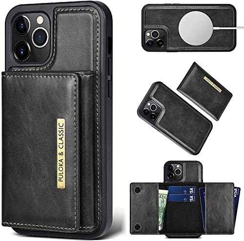 Image of PULOKA iPhone 12 /12 PRO Pu Leather Wallet Case Cover with 5 Card or Cash Slot Magnetic Detachable 2 in 1 Removable Smart Case - Black