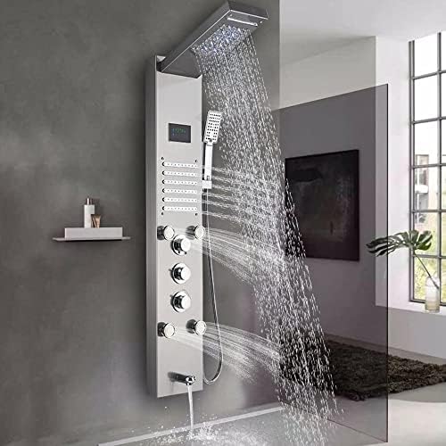 Columna de ducha con panel de lluvia LED en acabado níquel cepillado, sistema de masaje con chorros para cuerpo miniatura 1