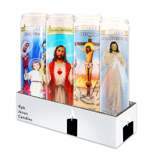 4 Pack Jesus 8 Inch White Religious Glass Candles - Set of 4 White Jesus Candles for Vigils, Prayers, Blessing Ceremonies, and More | Jesus Devotional Candles