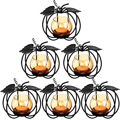 6 Pieces Thanksgiving Pumpkin Glass Votive Candle Holder Decorative Tea Light Candle Holder Black Iron Retro Tealight Candle Stand for Fall Thanksgiving Christmas Table Centerpiece Decor