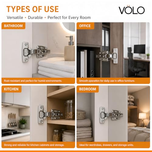 Image of VOLO Cabinet Hinges, Set of 1 (2 Pieces) for Furniture, Wardrobes, Doors, and Storage Units | (3D Soft Close (Stainless Steel), 8 Crank | Half Overlay)