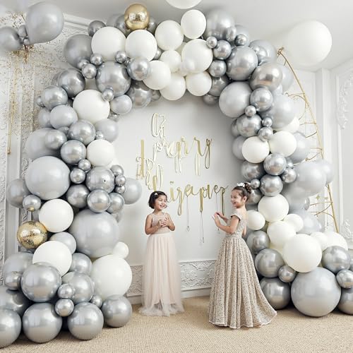Image of 412Pcs White and Silver Balloons Arch Kit, 18 12 10 5 Inch White Metallic Silver Latex Balloon for Wedding Bridal Shower Engagement Anniversary Birthday Party Decorations