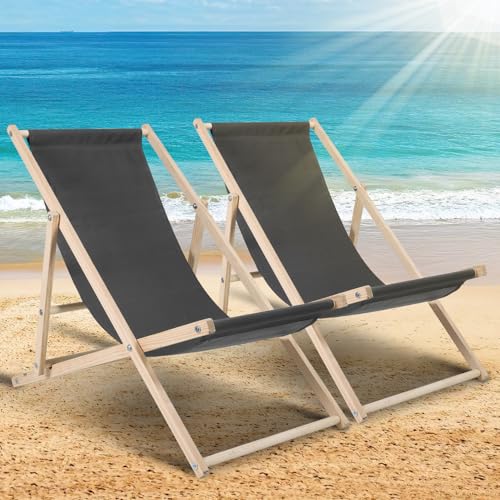 Ollewiellan Set di 2 sedie a sdraio pieghevoli in legno, fino a 120 kg, resistente sdraio pieghevole, giardino, spiaggia, campeggio e compagni di viaggio, (grigio scuro)